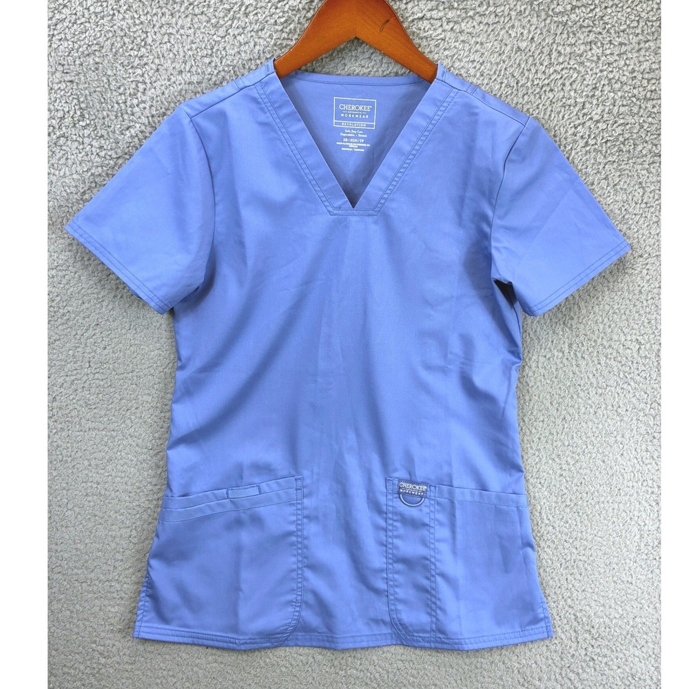 Cherokee Revolution V-Neck Scrub Shirt Womens XS Blue Stretch Medical NWT